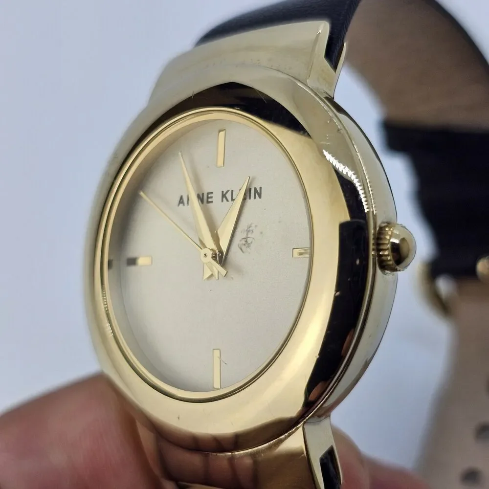 Anne Klein Women's Watch 36MM Gold Dial Black Leather Band‎ Straps New Battery